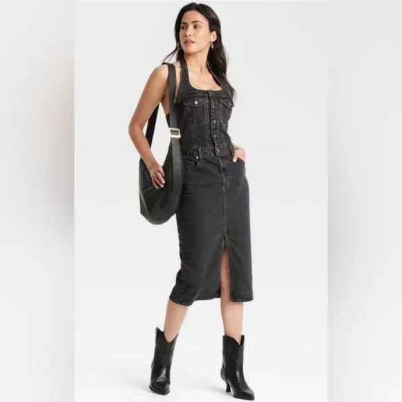 Denim Halter Midi Dress - Dark Wash - Women's Size 12 - New Streetwear Western - Picture 1 of 16